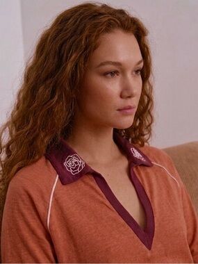 Free People x Camp Collection Rose Embroidered Polo in Burnt Orange & Burgundy